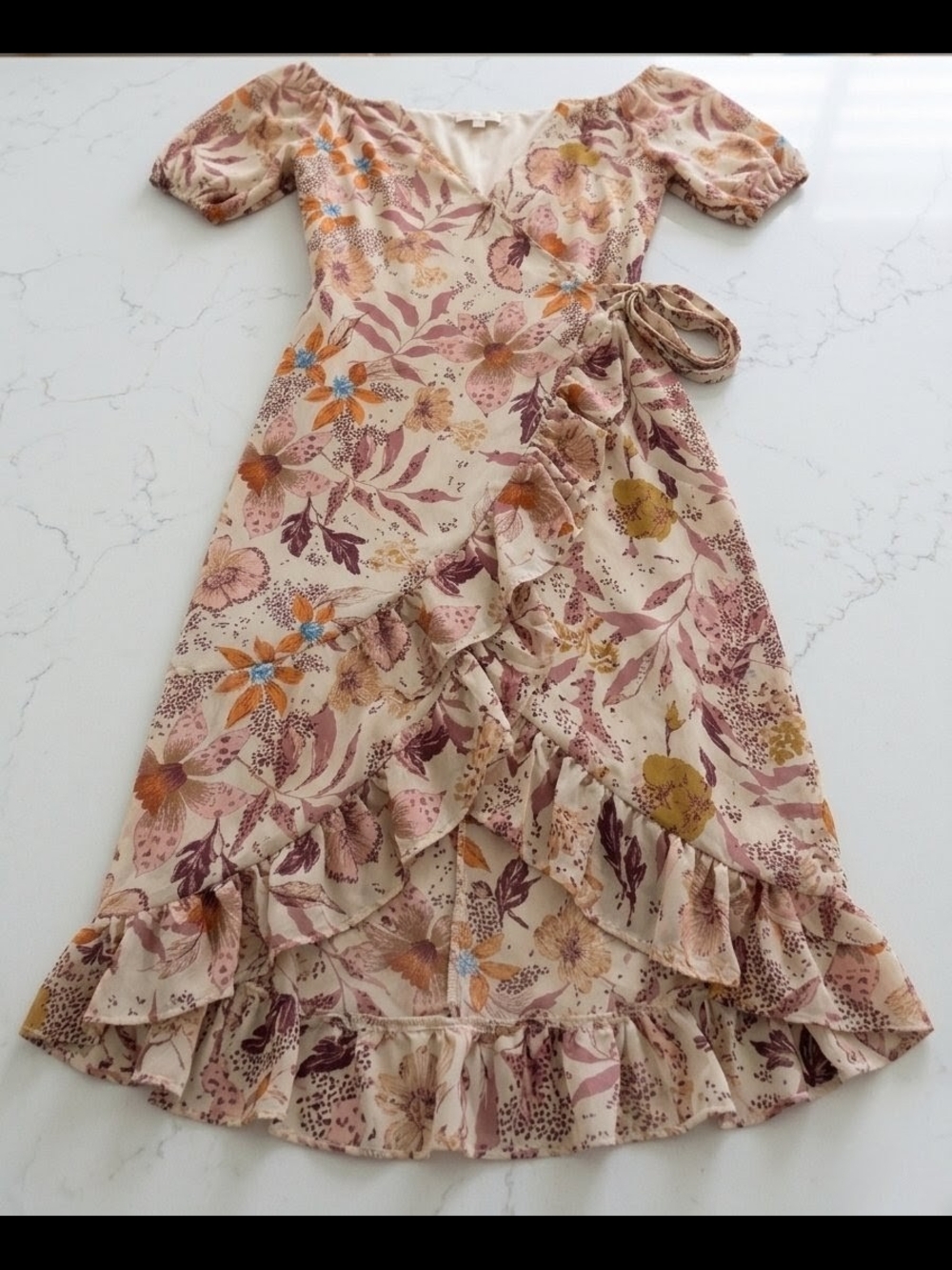 Francesca's Floral Tie-Waist Maxi Dress - Cream, Pink & Purple
